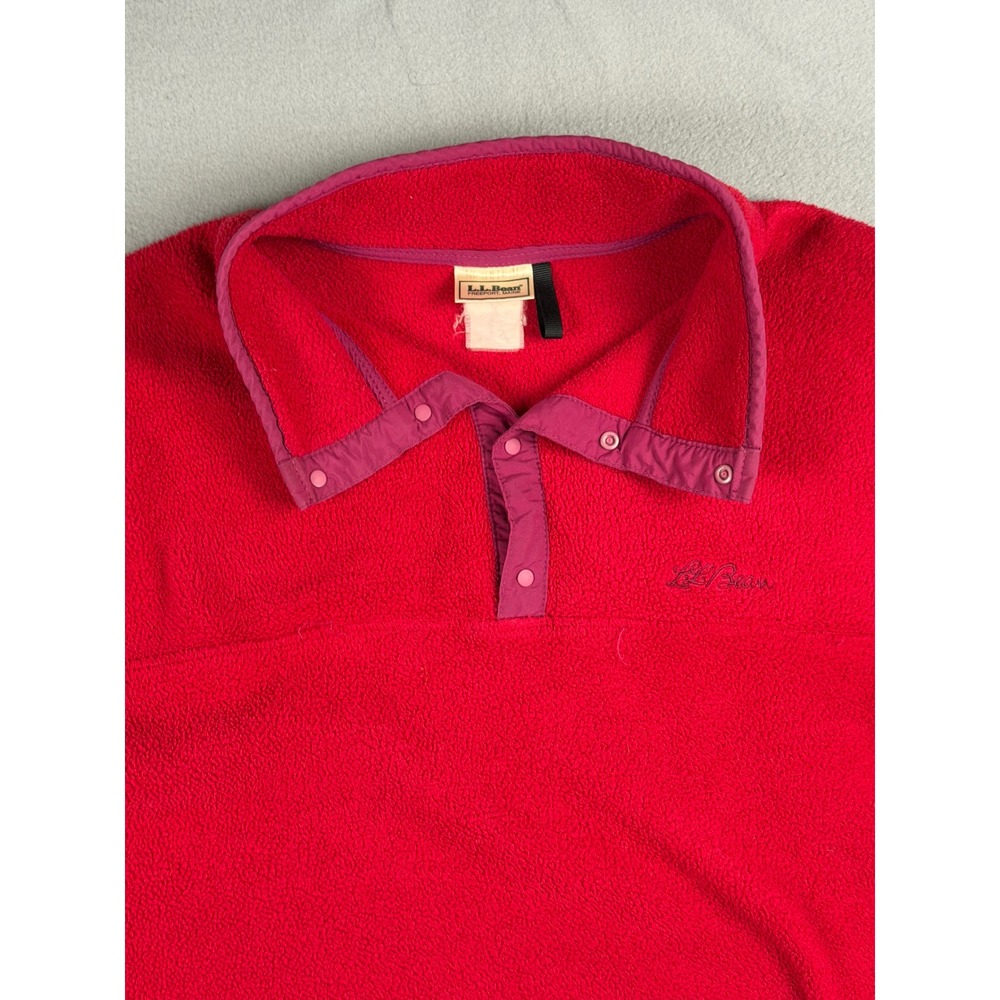Vintage LL Bean Fleece Pullover Red Purple Trim Snap Neck Womens XL Outdoor 90's
